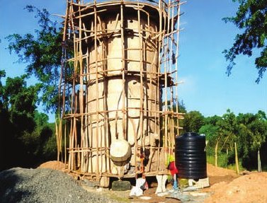 Water tower under construction with scaffolding