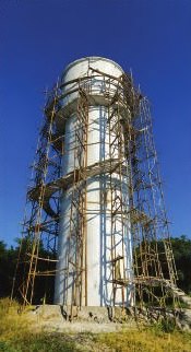 Elevated tank with scaffolding